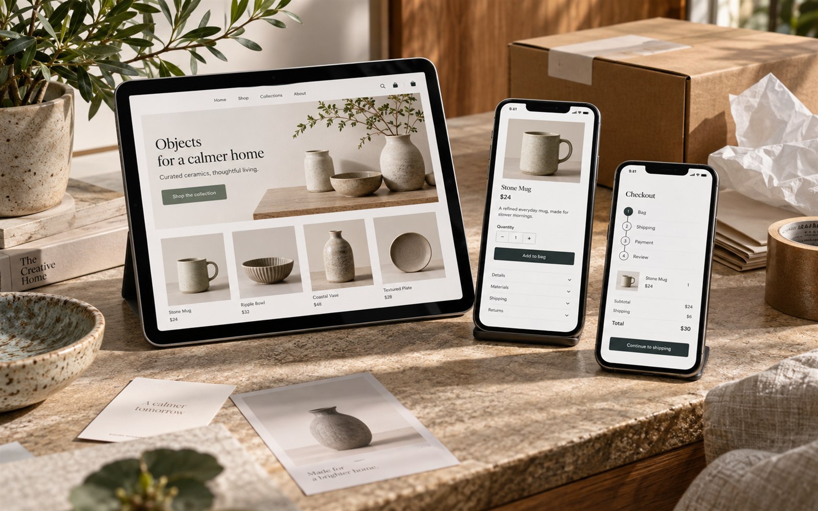 Tabletă și telefon cu o aplicație realistă de magazin online