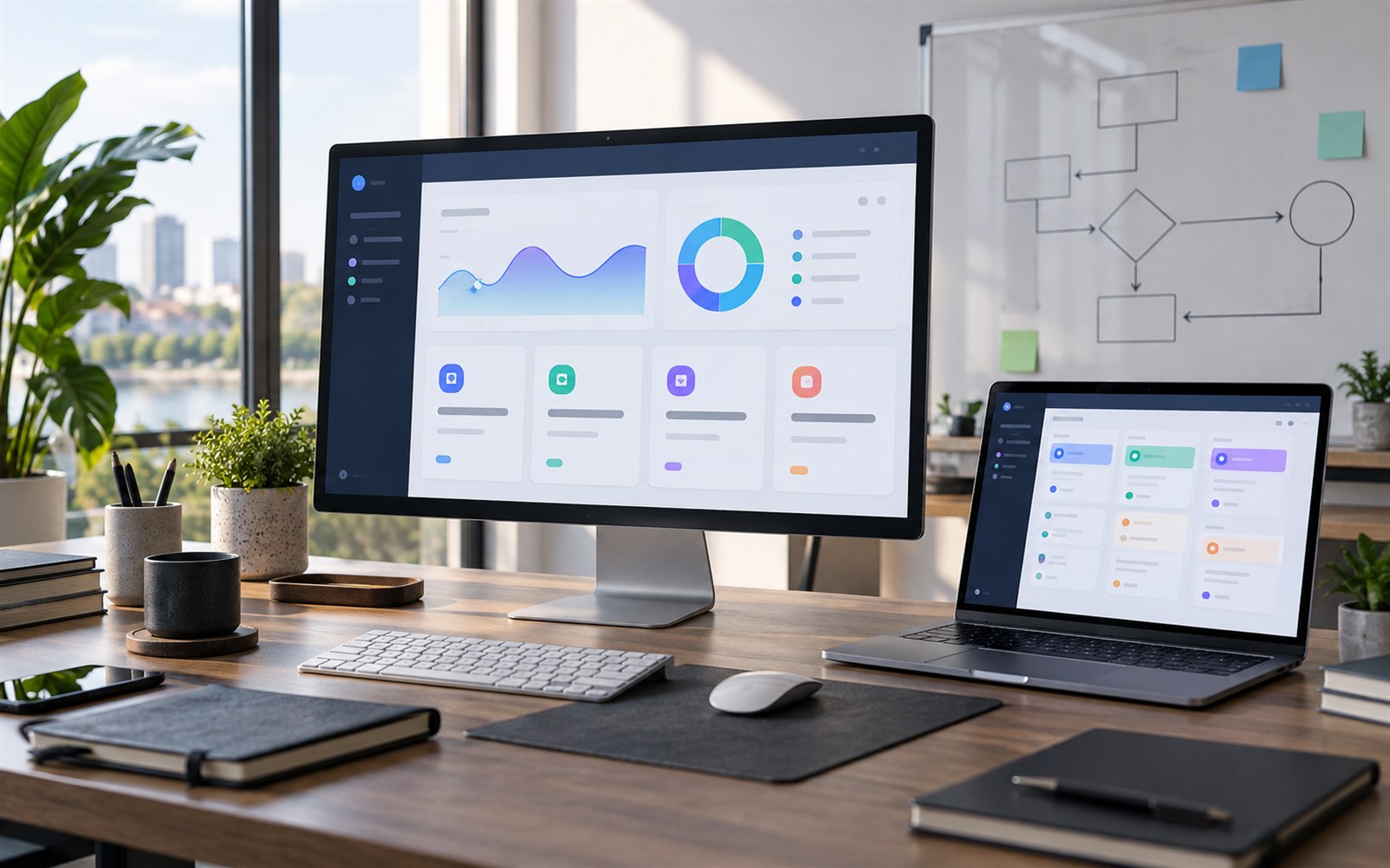 Monitor cu un dashboard abstract și fluxuri vizuale pentru o aplicație web